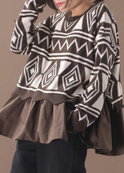 Comfy brown Sweater Blouse patchwork casual Geometry knit tops - bagstylebliss