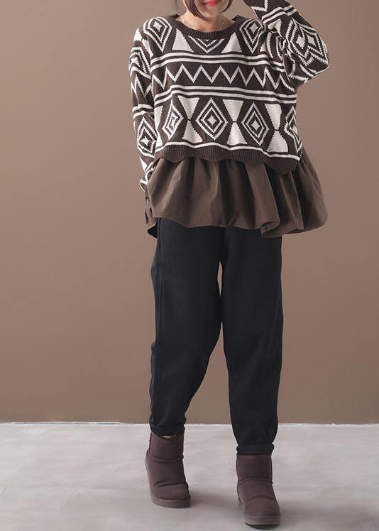 Comfy brown Sweater Blouse patchwork casual Geometry knit tops - bagstylebliss