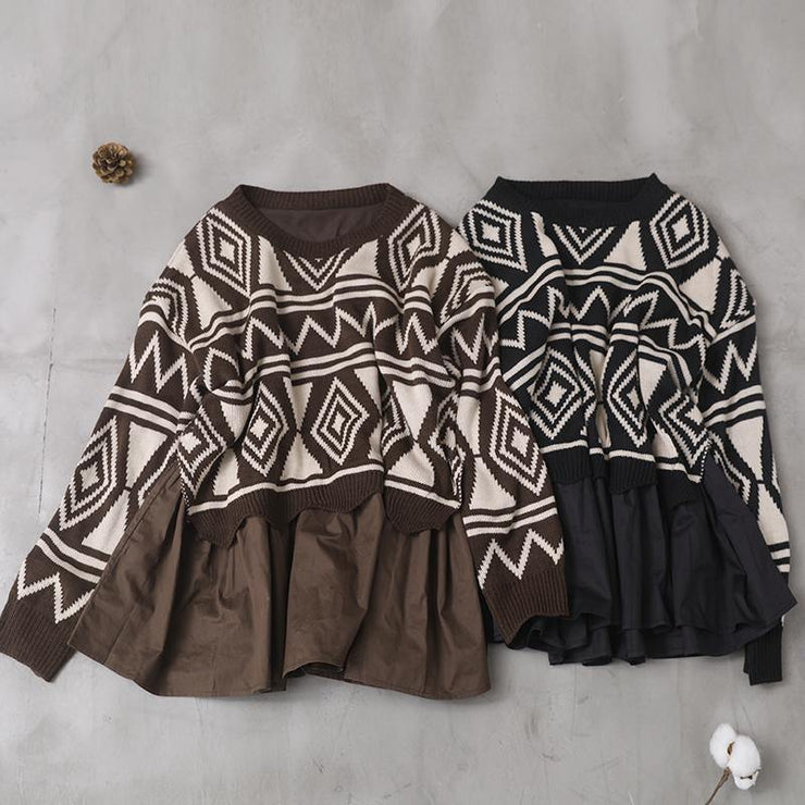 Comfy brown Sweater Blouse patchwork casual Geometry knit tops - bagstylebliss