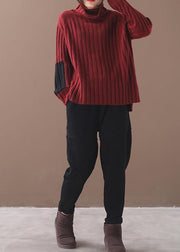 Comfy burgundy knit blouse patchwork sleeve plus size high neck knit tops - bagstylebliss