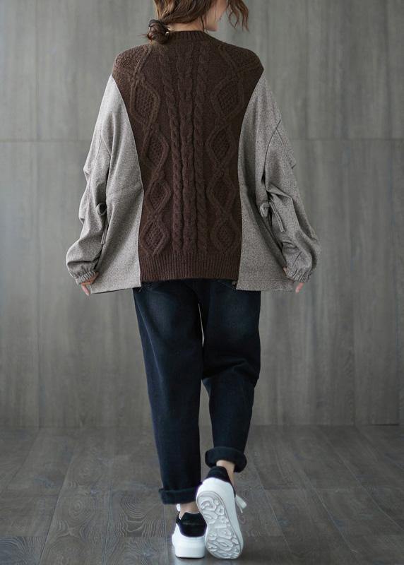 Comfy fall chocolate knitted blouse plus size o neck patchwork knitted t shirt - bagstylebliss