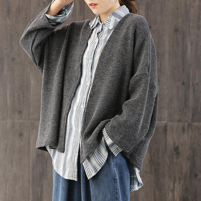 Comfy fall gray knitwear  plus size patchwork knitted pullover - bagstylebliss