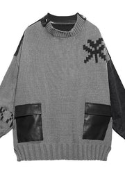 Comfy gray clothes o neck patchwork oversize fall knitwear - bagstylebliss