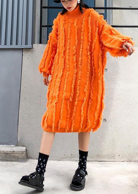 Comfy high neck tassel Sweater fall weather Upcycle orange baggy knitwear - bagstylebliss