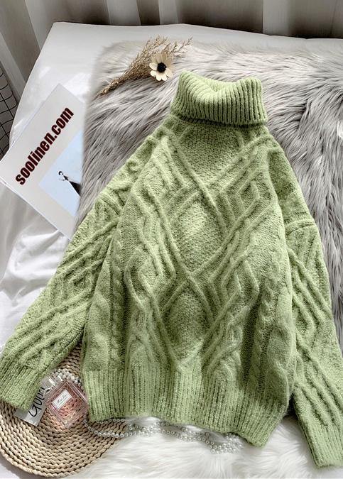 Comfy light green sweater tops chunky  plus size clothing high neck sweaters - bagstylebliss