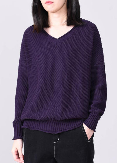 Comfy long sleeve sweater Loose fitting purple knit tops v neck - bagstylebliss