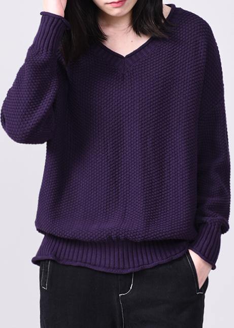 Comfy long sleeve sweater Loose fitting purple knit tops v neck - bagstylebliss