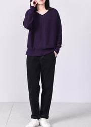 Comfy long sleeve sweater Loose fitting purple knit tops v neck - bagstylebliss