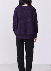 Comfy long sleeve sweater Loose fitting purple knit tops v neck - bagstylebliss