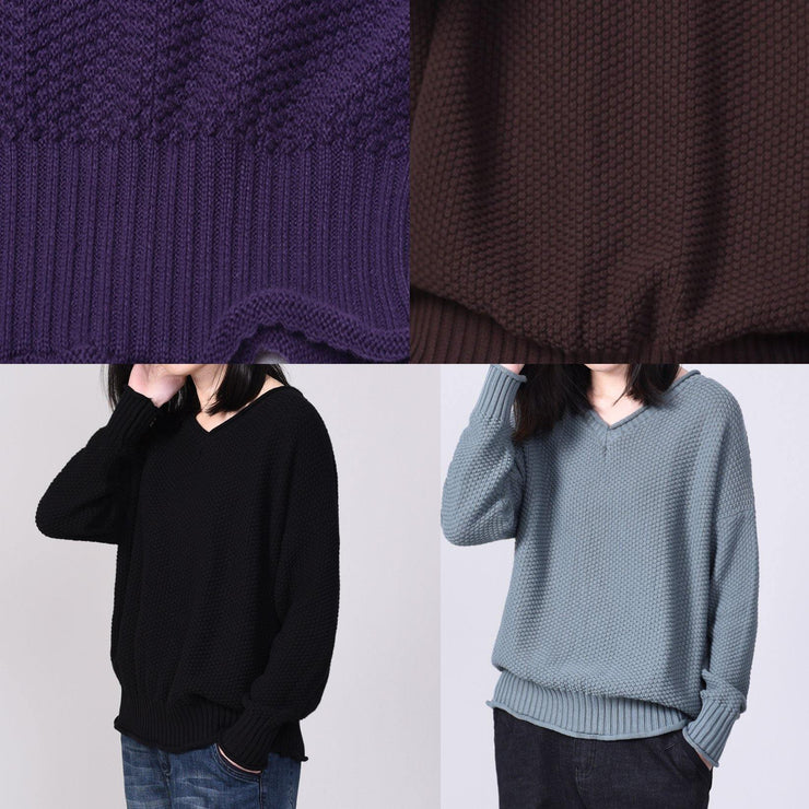 Comfy long sleeve sweater Loose fitting purple knit tops v neck - bagstylebliss