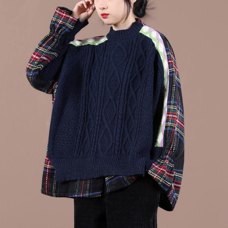 Comfy navy plaid knit sweat tops oversized o neck false two pieces Blouse - bagstylebliss