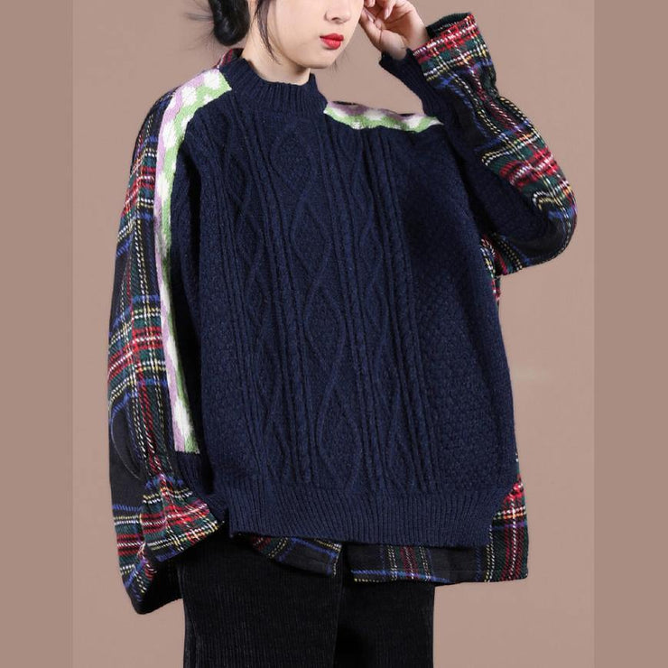 Comfy navy plaid knit sweat tops oversized o neck false two pieces Blouse - bagstylebliss