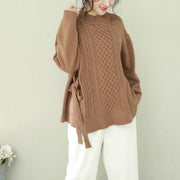 Comfy o neck Bow Sweater tops plus size brown Big knitwear