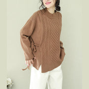 Comfy o neck Bow Sweater tops plus size brown Big knitwear