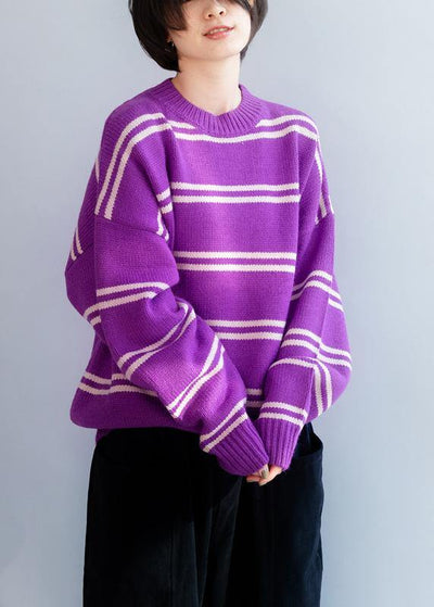 Comfy o neck purple striped knitwear Loose fitting thick Sweater Blouse - bagstylebliss