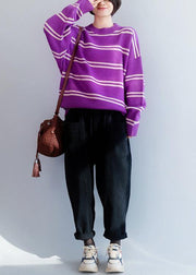 Comfy o neck purple striped knitwear Loose fitting thick Sweater Blouse - bagstylebliss