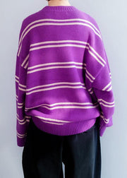 Comfy o neck purple striped knitwear Loose fitting thick Sweater Blouse - bagstylebliss