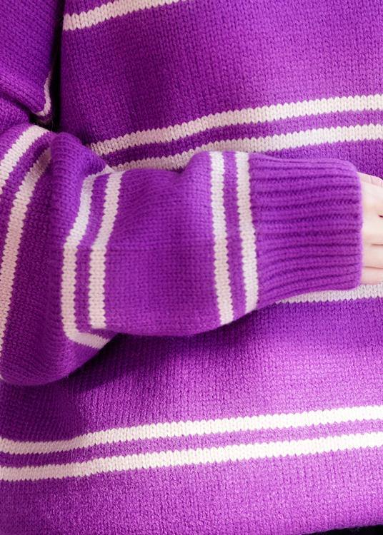 Comfy o neck purple striped knitwear Loose fitting thick Sweater Blouse - bagstylebliss