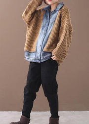 Comfy patchwork khaki knit tops oversize lapel collar knit blouse - bagstylebliss