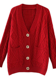 Comfy red knit jacket oversized spring two pockets knitwear - bagstylebliss