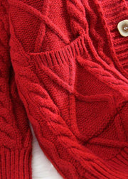 Comfy red knit jacket oversized spring two pockets knitwear - bagstylebliss