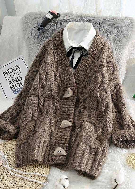 Comfy spring knitwear plus size beige v neck Button sweater coat - bagstylebliss