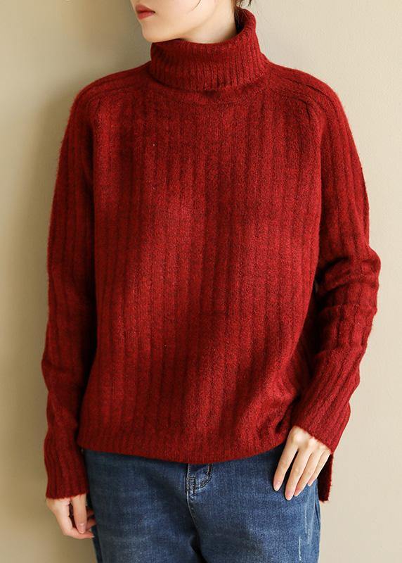 Comfy spring red knit tops fall fashion high neck knit blouse - bagstylebliss