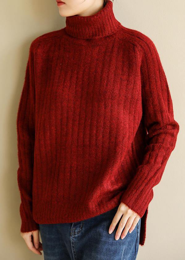 Comfy spring red knit tops fall fashion high neck knit blouse - bagstylebliss