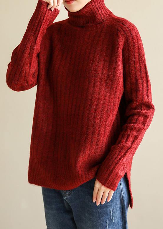 Comfy spring red knit tops fall fashion high neck knit blouse - bagstylebliss