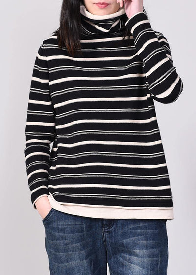 Comfy striped knitted tops oversize high neck sweater black autumn - bagstylebliss