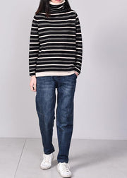 Comfy striped knitted tops oversize high neck sweater black autumn - bagstylebliss