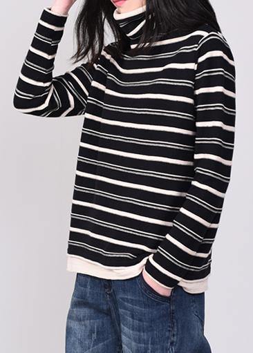 Comfy striped knitted tops oversize high neck sweater black autumn - bagstylebliss