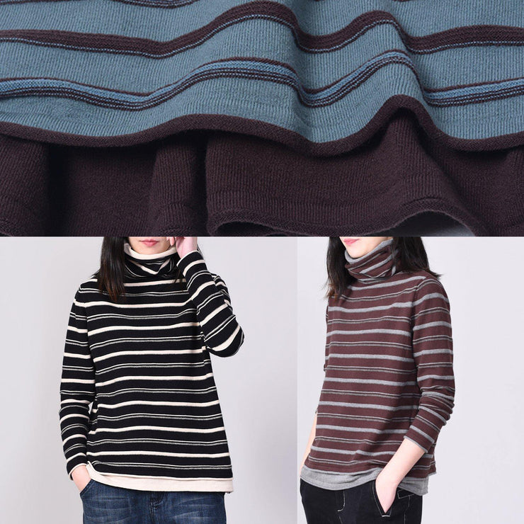 Comfy striped knitted tops oversize high neck sweater black autumn - bagstylebliss