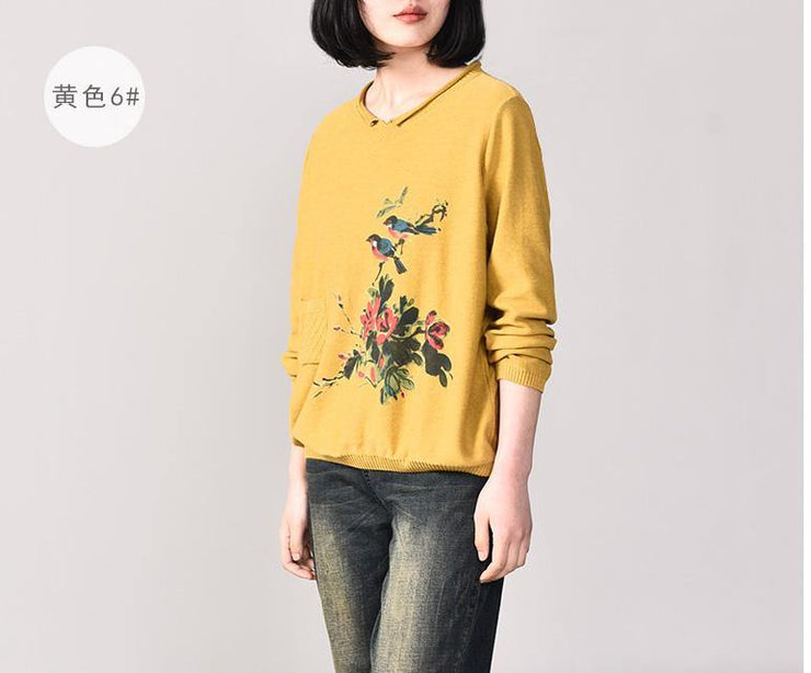Comfy yellow knit jacket trendy plus size autumn prints knit sweat tops pockets - bagstylebliss