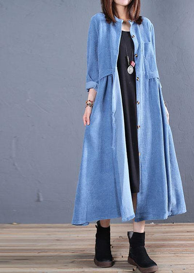 Corduroy blended light blue o neck pockets coat for woman - bagstylebliss