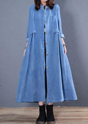 Corduroy blended light blue o neck pockets coat for woman - bagstylebliss