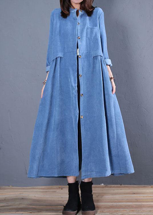 Corduroy blended light blue o neck pockets coat for woman - bagstylebliss