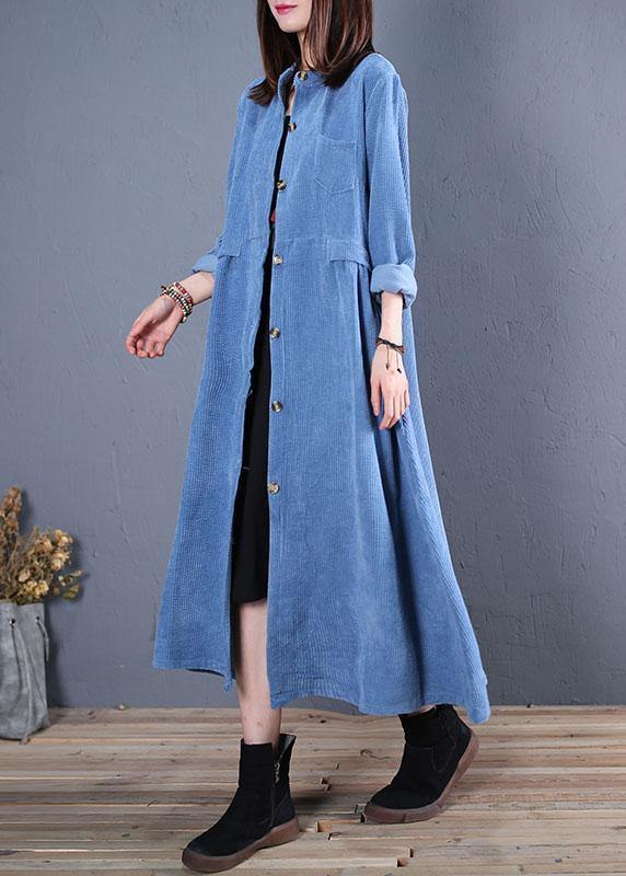 Corduroy blended light blue o neck pockets coat for woman - bagstylebliss