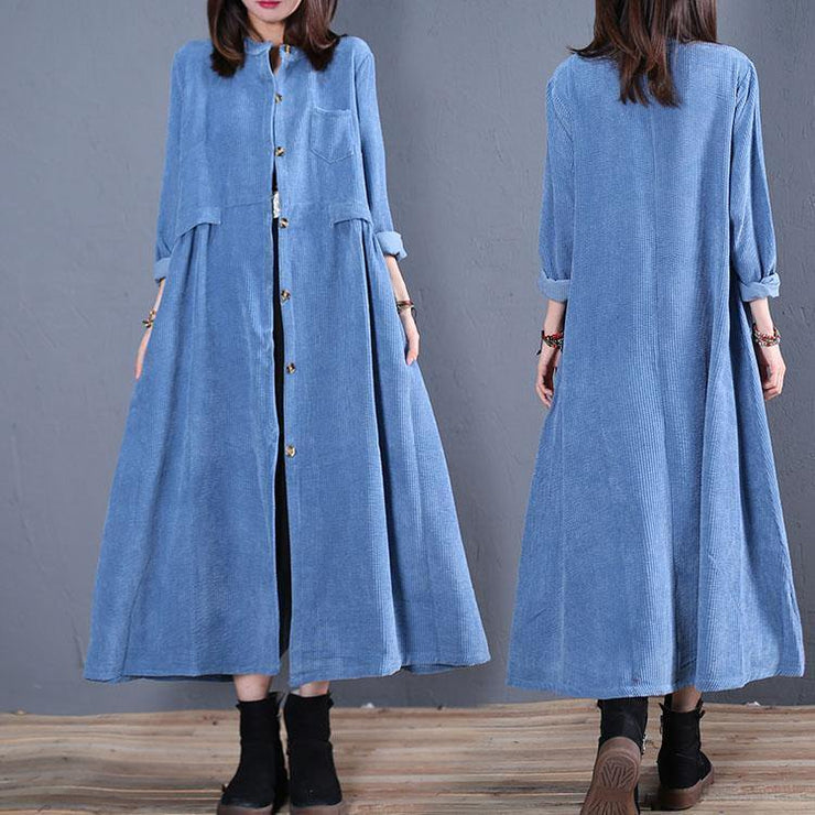 Corduroy blended light blue o neck pockets coat for woman - bagstylebliss