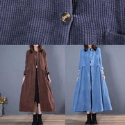 Corduroy blended light blue o neck pockets coat for woman - bagstylebliss