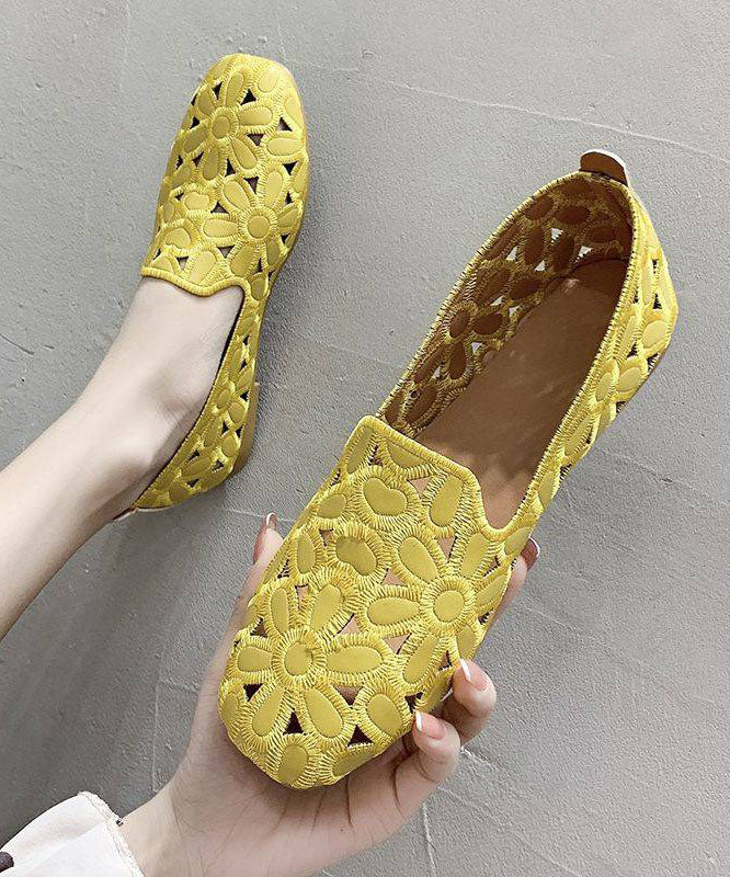 Cotton Fabric Hollow Out Embroidery Splicing Yellow Loafers For Women