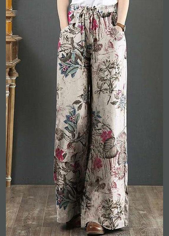 Cotton Women Palnt Floral Print Pocket Drawstring Elastic Waist Retro Wide Leg Pants - bagstylebliss