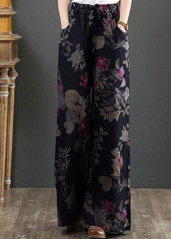 Cotton Women Palnt Floral Print Pocket Drawstring Elastic Waist Retro Wide Leg Pants - bagstylebliss