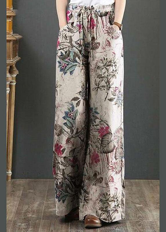 Cotton Women Palnt Floral Print Pocket Drawstring Elastic Waist Retro Wide Leg Pants - bagstylebliss