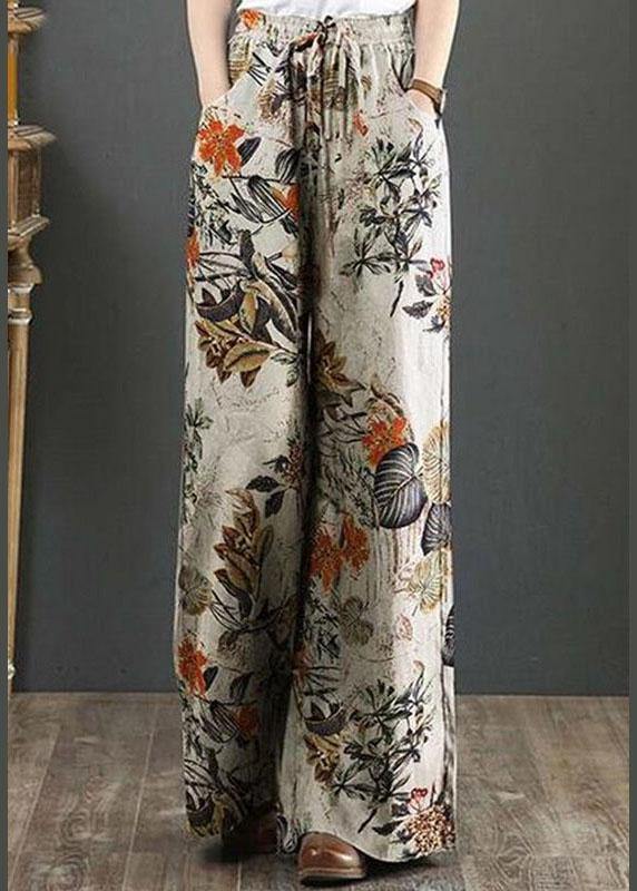 Cotton Women Palnt Floral Print Pocket Drawstring Elastic Waist Retro Wide Leg Pants - bagstylebliss