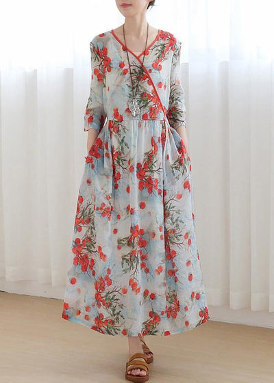Cotton and linen new style Jiangnan floral five-point sleeve high waist dress ramie printed long skirt - bagstylebliss