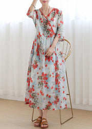 Cotton and linen new style Jiangnan floral five-point sleeve high waist dress ramie printed long skirt - bagstylebliss