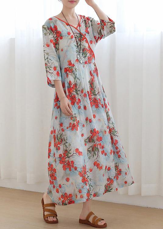 Cotton and linen new style Jiangnan floral five-point sleeve high waist dress ramie printed long skirt - bagstylebliss