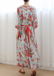 Cotton and linen new style Jiangnan floral five-point sleeve high waist dress ramie printed long skirt - bagstylebliss