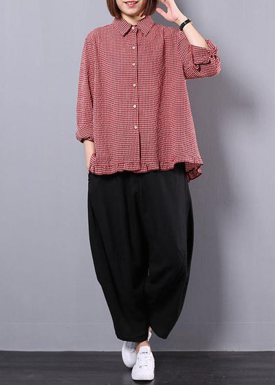 Cotton and linen red plaid shirt suit female long-sleeved new large size loose casual harem pants two-piece suit - bagstylebliss